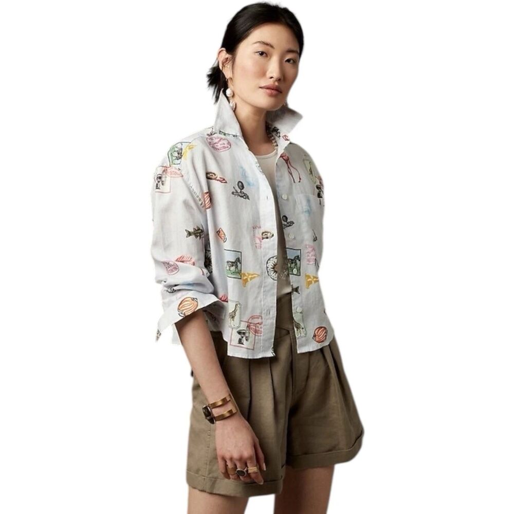 Banana Republic Heritage Linen Boxy Cropped Safari Passport Stamp Print Shirt M